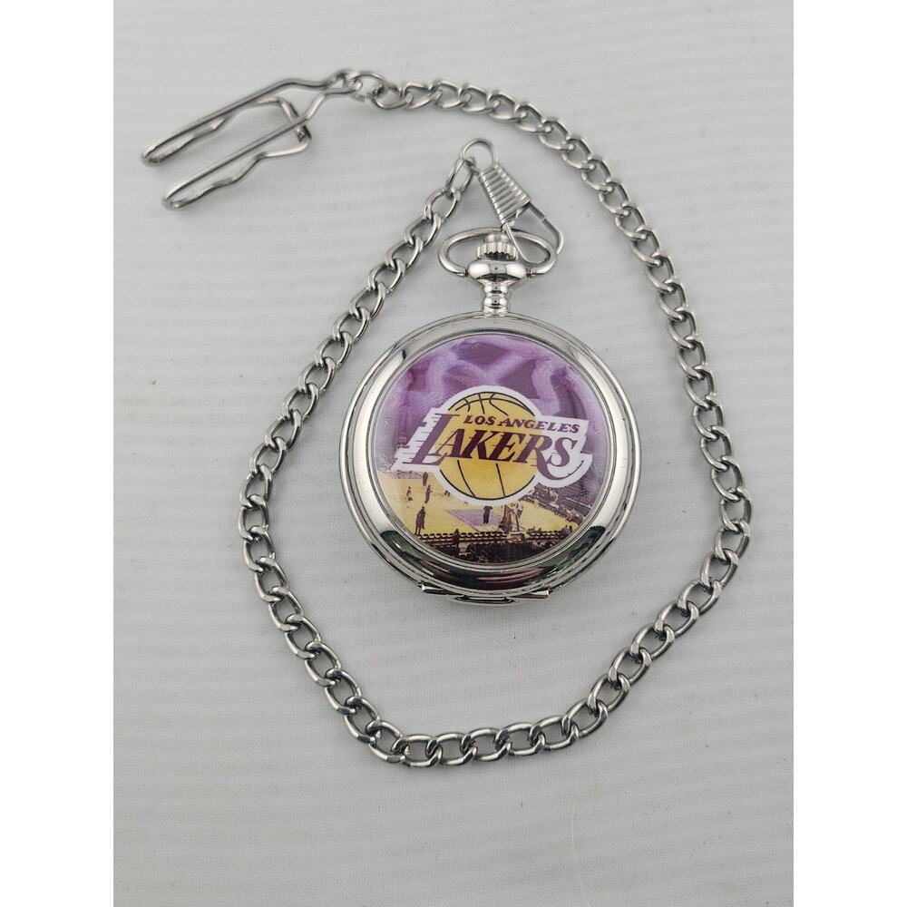 Los Angeles Lakers Quartz Pocketwatch With 13" Chain Runs New Battery